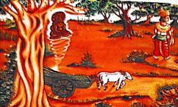 A divine idol emerges in a glowing spiral near a broken cart and tree; a goat walks nearby while a man looks on from a distance.