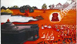 A large crowd gathers near a temple and lake, witnessing a glowing idol emitting divine light toward distant temple structures.