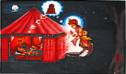 Divine figure glowing with aura appears outside a red tent at night; inside, sleeping individuals unaware of the celestial presence.