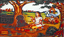 A serene scene of a sage performing rituals before a Shiva idol under a tree; villagers and a cow are visible in the rural background.