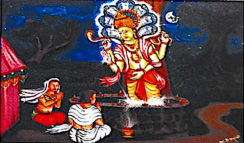 At night, a glowing multi-armed divine figure with serpent hood appears before two devotees at a worship site near a red tent.
