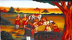 A village scene at sunset where travelers drink water at a well under a tree; others with a decorated bullock cart rest nearby.