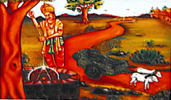 A man in traditional attire draws water from a well by a tree on a village path; broken cart and goats are seen nearby in the field.